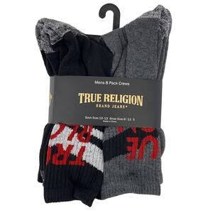 True Religion Horseshoe Logo Branded Crew Socks Black Gray Shoe Size 6-12.5 8pr